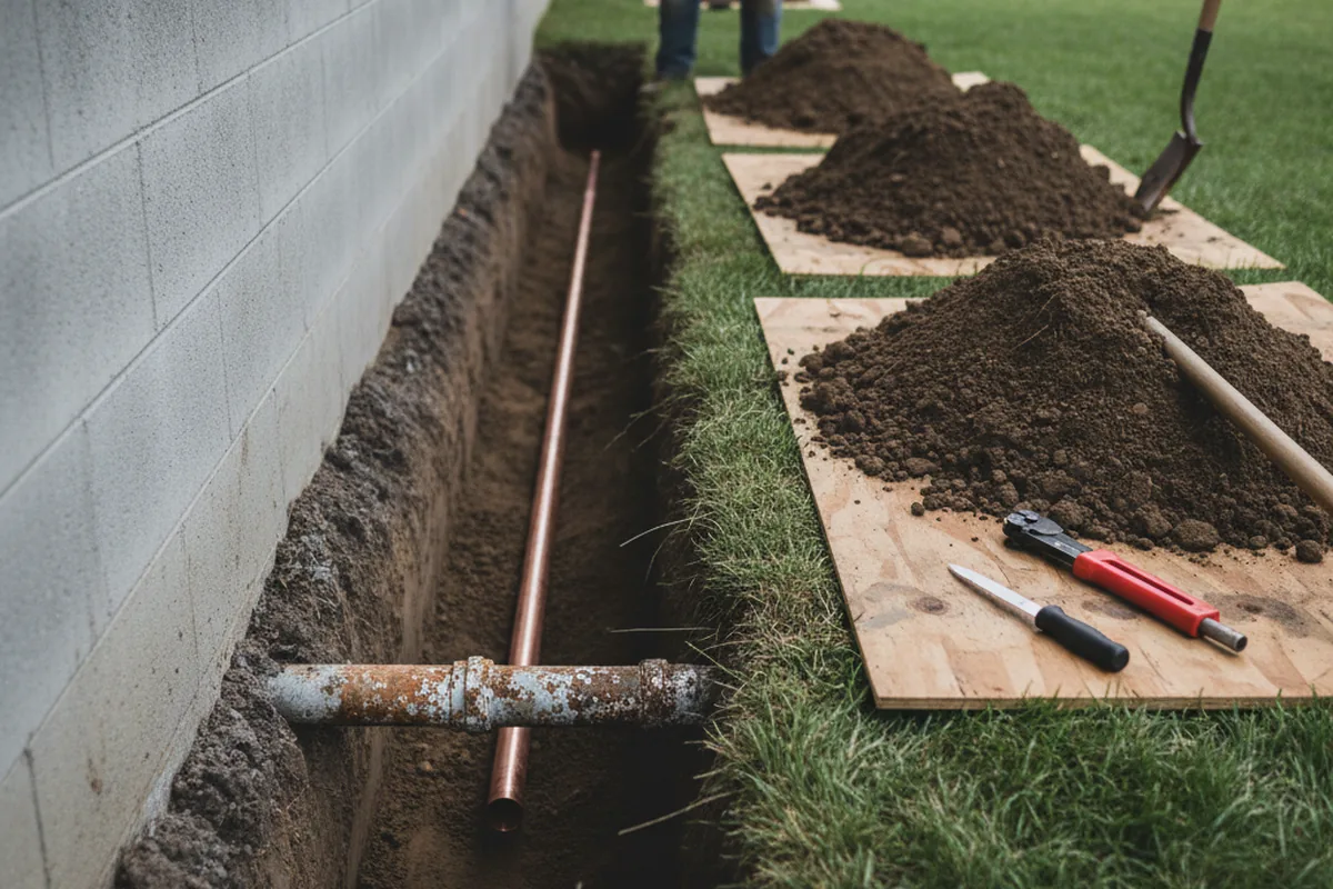 Excavated water line trench during Water Heater Repair in Waucoma
